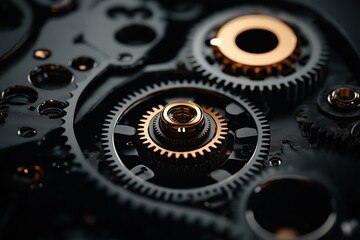 Intricate mechanical gears and cogs in precise motion, highlighting the elegant fusion of industrial functionality and aesthetic design