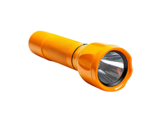Bright orange handheld flashlight isolated on black background, On Transparent Background, Png