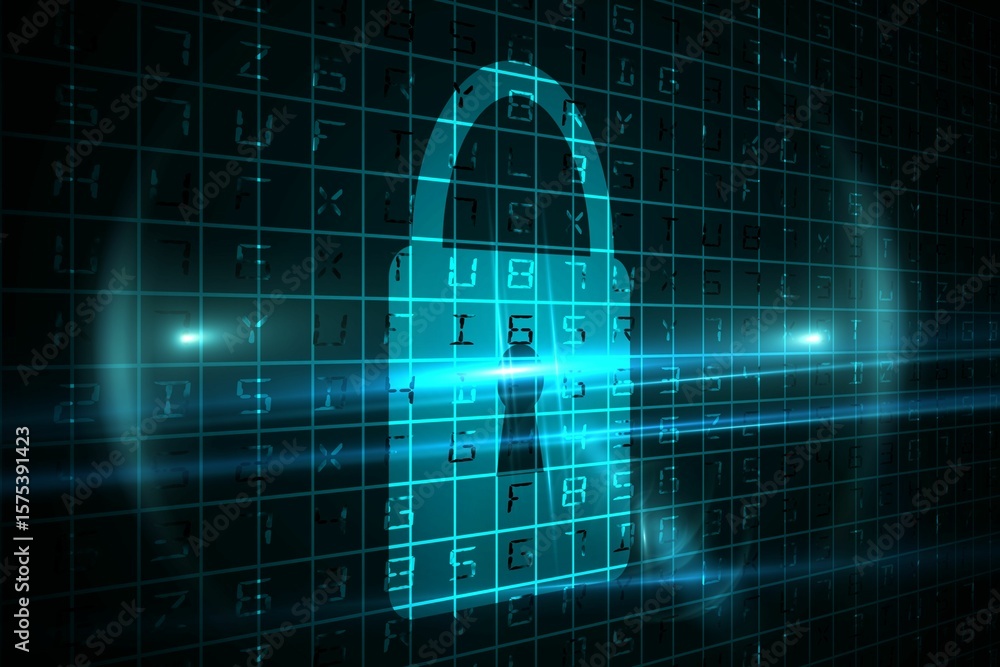 Poster flat design padlock icon is glowing over code grid while neon beams are streaking across network