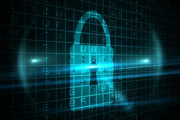 Flat design padlock icon is glowing over code grid while neon beams are streaking across network