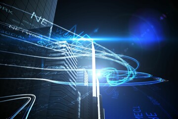 Blue light beams over skyscrapers