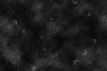 Rain streaks and semi transparent water droplets are falling across dark monochrome flat design