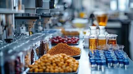 Laboratory setup with various food items for quality testing and inspection.
