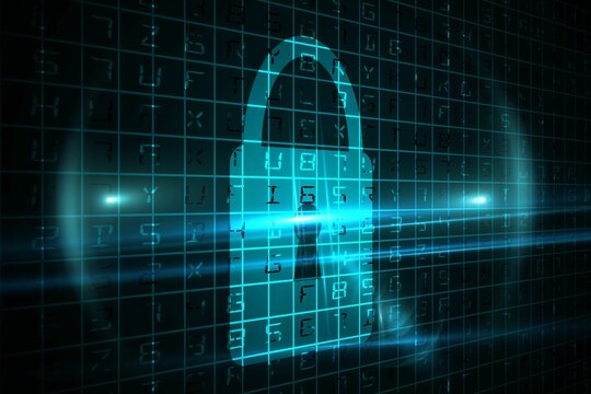 Flat design padlock icon is glowing over code grid while neon beams are streaking across network