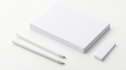 Blank white stationery items arranged on a white surface.