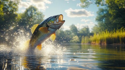 Largemouth bass leaping from water with splashes, captured in a serene fishing scene for outdoor imagery.