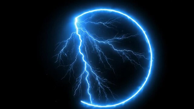 A blue lightning bolt striking through a glowing semicircular blue arc against a black background