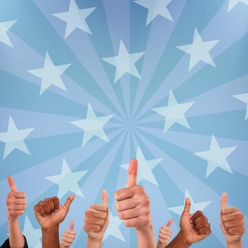 Naklejki Digital image of people doing thumbs up behind American flag