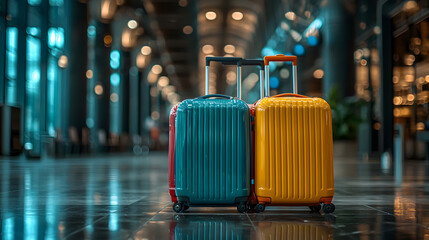 Multicolored luggage standing in airport terminal, representing travel preparation