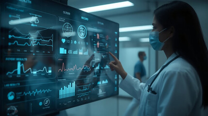 Doctor using transparent screen to access integrated digital health records with floating vitals and history, symbolizing AI healthcare innovation