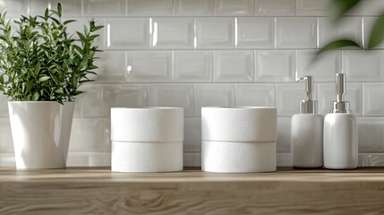 Lifelike toilet paper and kitchen towel pack mockups with hygiene tissue rolls for bathroom designs.
