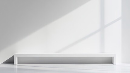 Obraz premium White bench against a white wall with sunlight shadows.