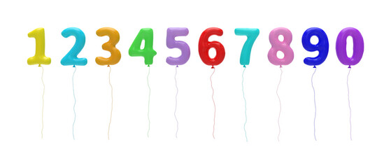 Colorful balloon numbers 1 to 9 and 0 with strings on transparent background for party, celebration, decoration, and design use.