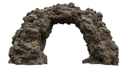 Solitary natural volcanic rock arch, rough textured, earthy brown, grey, intricate erosion, orange lichen, green moss. Isolated full object, transparent background, copy space, arch opening frames