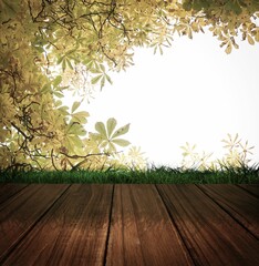 Wooden floor against leaves