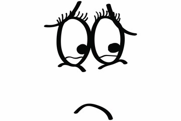 Showing minimalist sketch sad face with droopy brows, frowning mouth on white backdrop, copy space