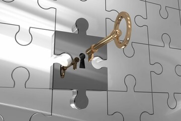 Gold key is sliding into keyhole-shaped gap in reflective silver jigsaw puzzle 3D render