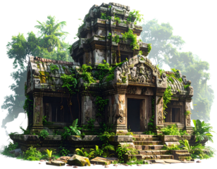 An ancient, overgrown jungle temple ruin, isolated on transparent background
