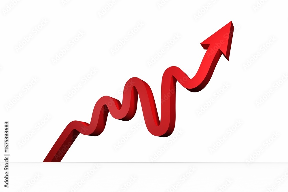 Poster 3d red zigzag arrow is rising diagonally across minimalist white background in 3d render