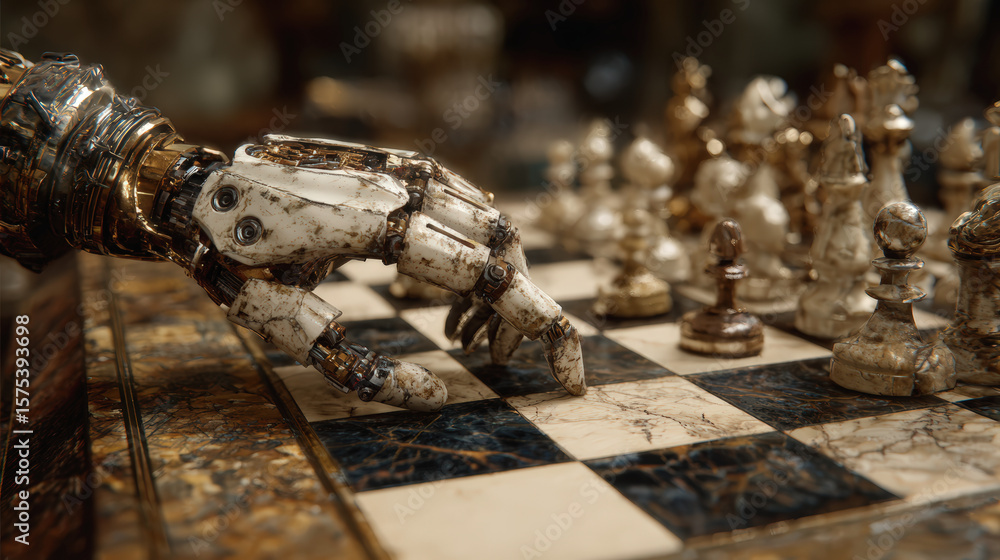 Poster a robotic hand makes a move on a marble chessboard, blending futuristic technology with the classic 