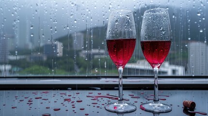 Elegant red wine glasses set by a misty windowpane, raindrops trailing down the glass