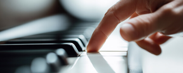 Close-up of a hand gently pressing piano keys in a cozy indoor setting during a quiet evening