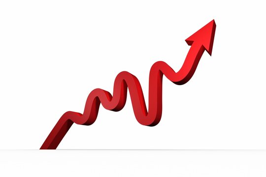 3D red zigzag arrow is rising diagonally across minimalist white background in 3D render - Powered by Adobe