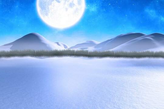Fototapeta Flat design showing serene winter night landscape with full moon, pine trees, hills, copy space