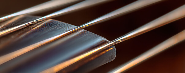 Close-up view of guitar strings highlighting craftsmanship and material quality in natural lighting
