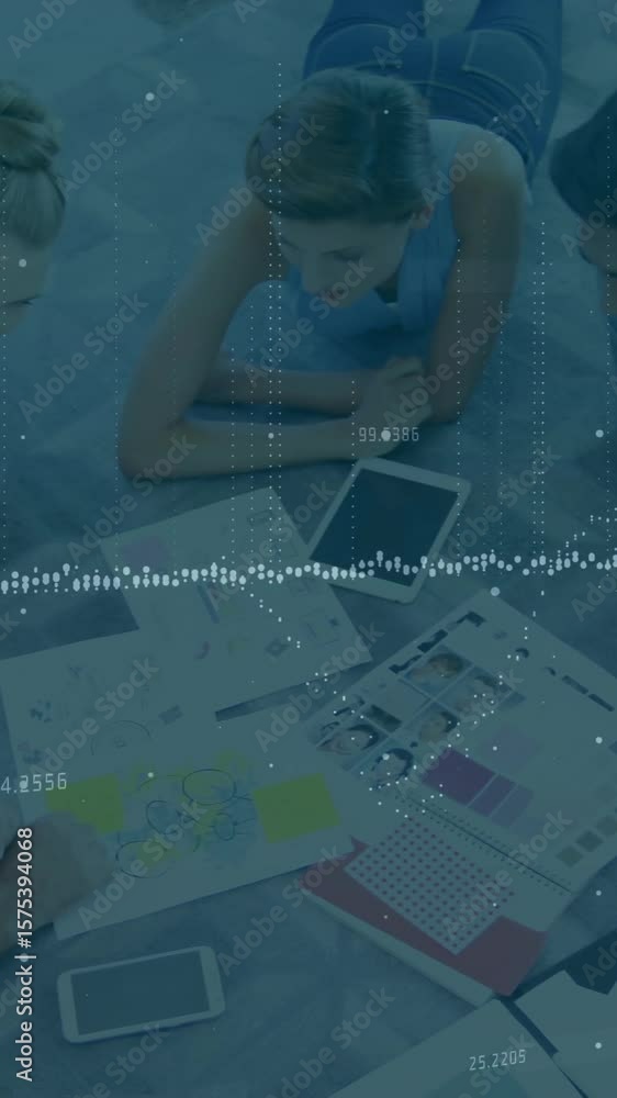 Poster business data processing animation over group of people collaborating on floor