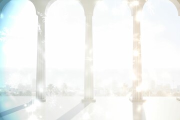 Twinkling lights over balcony with columns