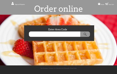 Showing golden waffle with strawberry halves and syrup, overlaying search input and navigation bars