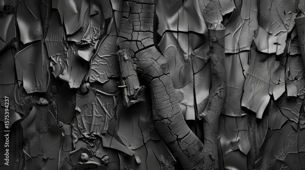 Poster charcoal-blackened textures and scorched patterns form a high-contrast background for dramatic visua