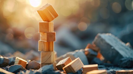 Business survival concept with one wooden block standing tall in a collapsed structure, focus on perseverance