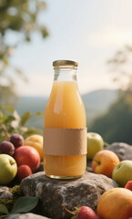 Organic fruit juice in unique glass bottle with blank kraft label, on rocks