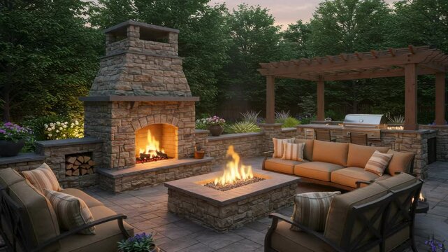 Luxury outdoor patio with stone fireplace and firepit creating warm evening ambiance