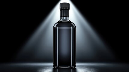 Empty dark bottle highlighted by spotlight.