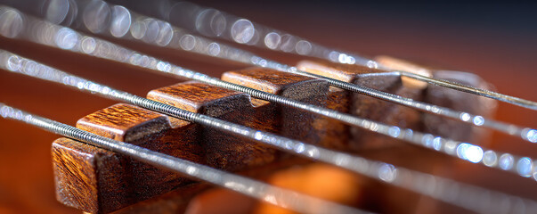 Strings shimmer under light on a wooden guitar bridge showcasing craftsmanship and precision