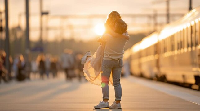 lesbian couple kissing at train station in golden sunset, this lesbian couple kissing at train station expresses love and connection, perfect for lesbian couple kissing at train station visuals