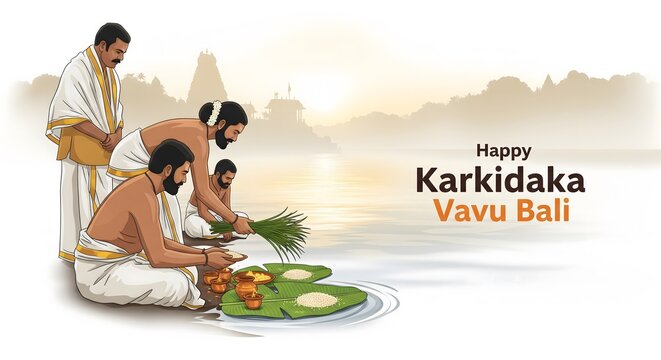 Karkidaka vavu bali ritual with brahmins performing ceremony by river at sunrise