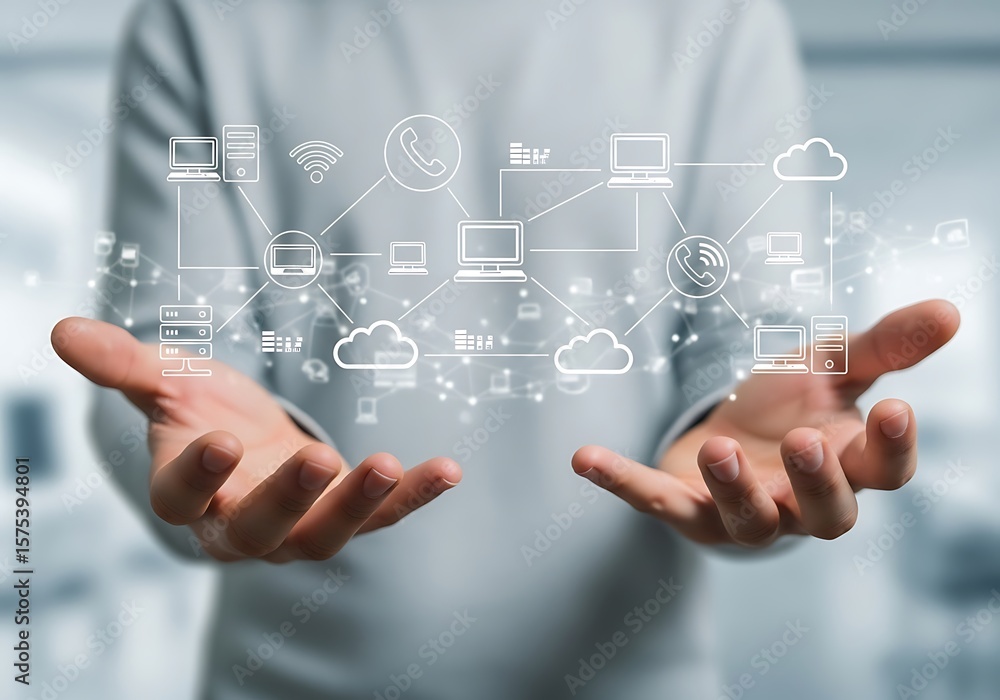 Poster connecting the digital world through interconnected technological networks and cloud services