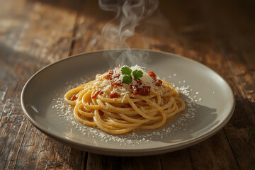 Fototapeta premium A steaming hot plate of creamy pasta carbonara, with rich, golden sauce coating perfectly cooked spaghetti