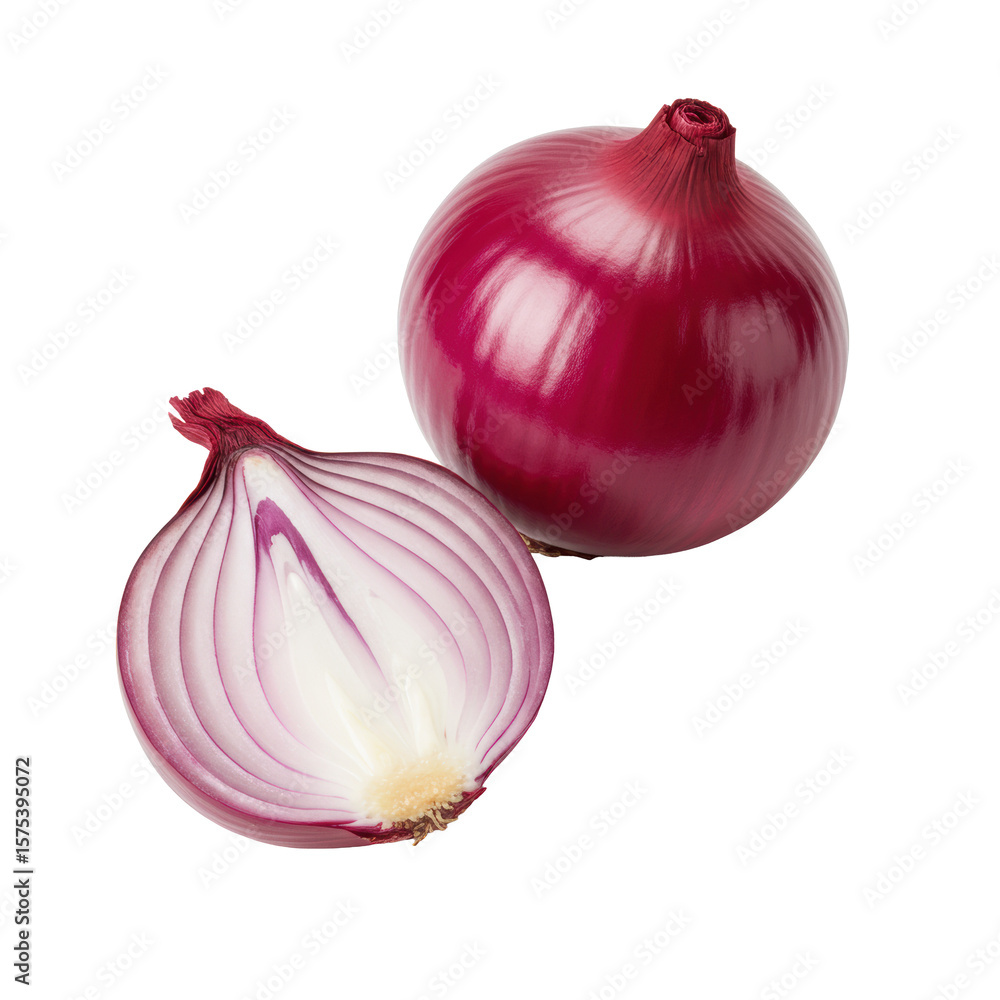 Poster a vibrant whole red onion and a precisely cut half red onion, showing intricate layers, isolated on 