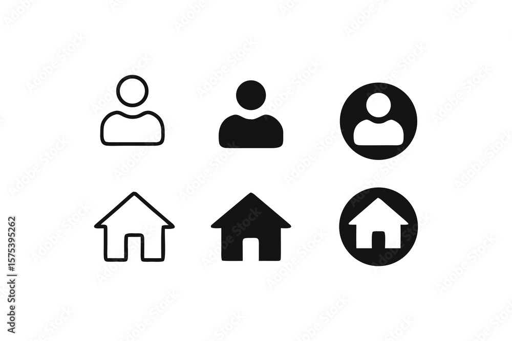 Fototapete Set of User and Home Icons with Different Styles Depicting Versatile Design Options for Interface Development and Creative Projects
