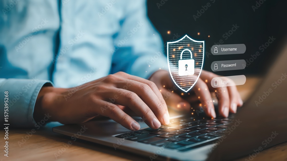 Poster digital security on a laptop with a lock for data privacy and protection