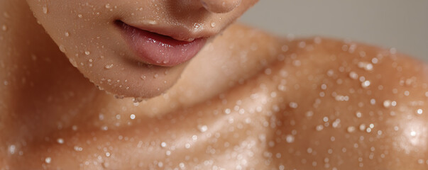 Close-up of a woman's face showing skin glistening with droplets of water after beauty treatment indoors