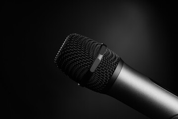 Close-up black and white shot of a microphone in a studio or concert on stage, on a black background.