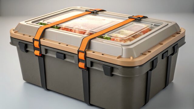 safety in Food and Beverage Durable storage container with secure straps, ideal for transporting food or equipment.