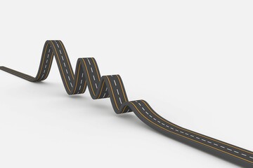 Looped road is twisting on white background, flat design, yellow stripes, white dashes, copy space