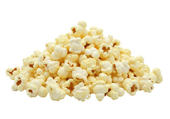 Voluminous, freshly popped popcorn with irregular, fluffy and crispy textures, showing white and pale yellow kernels, centrally positioned on a transparent isolated surface with soft shadows, concept